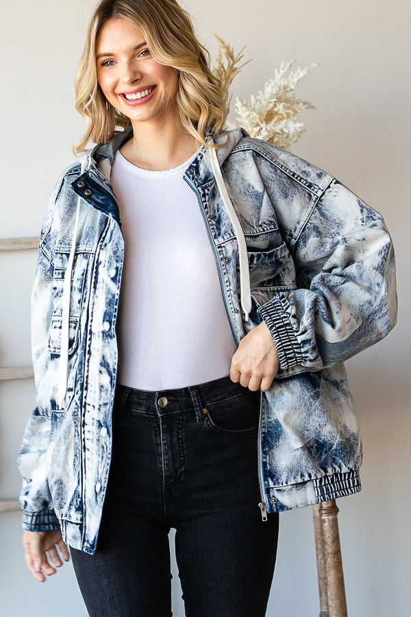 ACID WASHED HOODED DENIM ULITITY JACKET