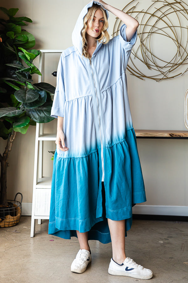 DIP DYE SHORT SLEEVE HOODED ZIP UP LONG CARDIGAN