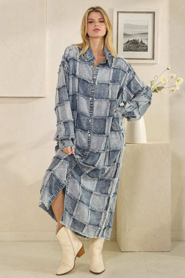 WASHED SQUARE PATCHWORK TENCEL LONG SHIRT