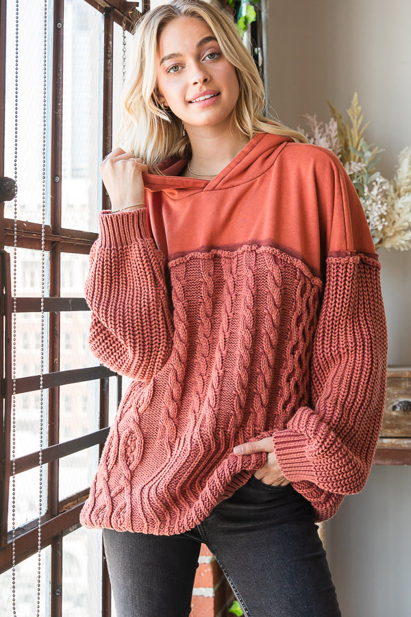 WASHED CONTRAST YOKE HOODED PULLOVER SWEATER TOP