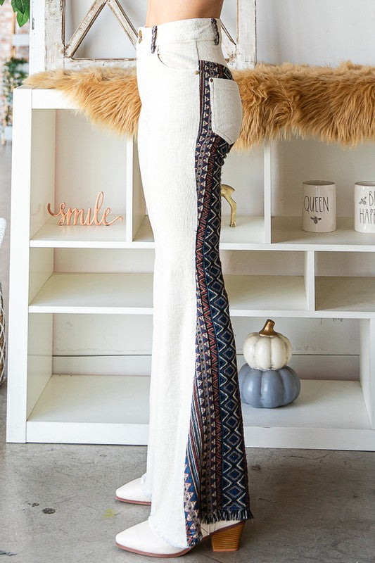 WASHED AZTEC PATTERN BELL BOTTOM CORDUROY PANTS