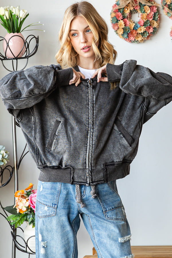 MINERAL WASHED ZIPPER FRONT BOMBER JACKET