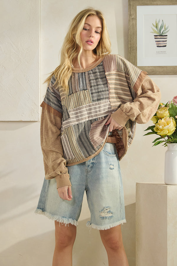 WASHED PATCHWORK FABRIC MIXED LONG SLEEVE TOP