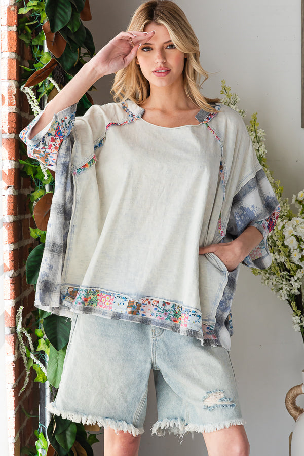 WASHED MULTI PRINT PATCHWORK OVERSIZED TOP