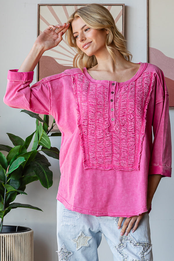 SMOCKED FRONT HENLEY NECK OVERSIZED TOP