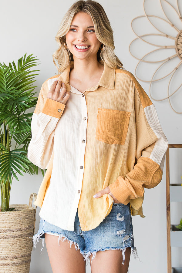 WASHED COLORBLOCK BUTTON DOWN SHIRT