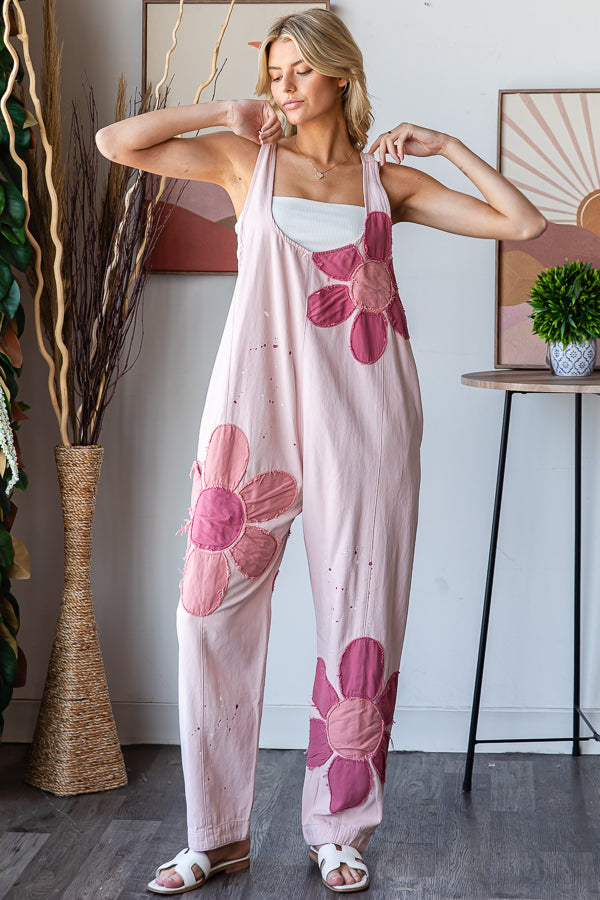 WASHED BIG FLOWER PATCHWORK OVERALL