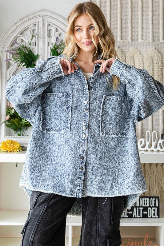 MINERAL WASHED FRONT POCKETS TEXTURE DENIM SHACKET