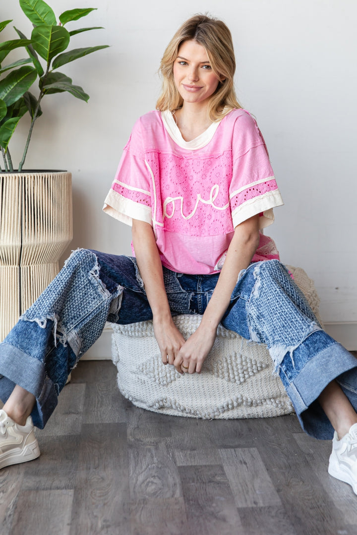 WASHED EYELET COLORBLOCK LOVE TEE SHIRT