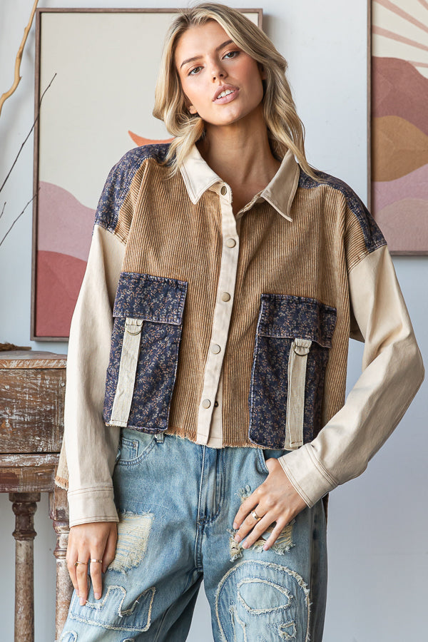COLORBLOCK BIG POCKETS CORDUROY JACKET