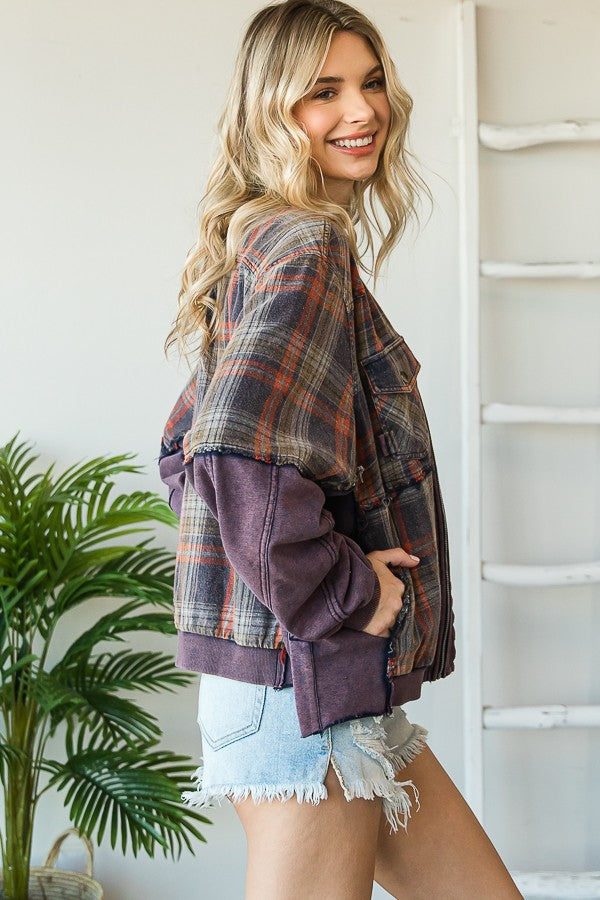 WASHED MIXED MEDIA PLAID ZIP FRONT JACKET