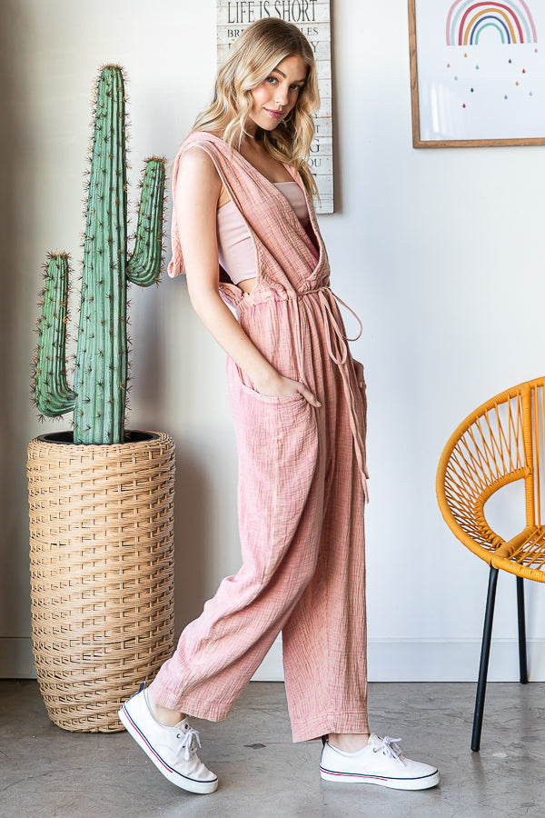 WASHED DRAWSTRING HOODED TIE WAIST LOOSE JUMPSUIT