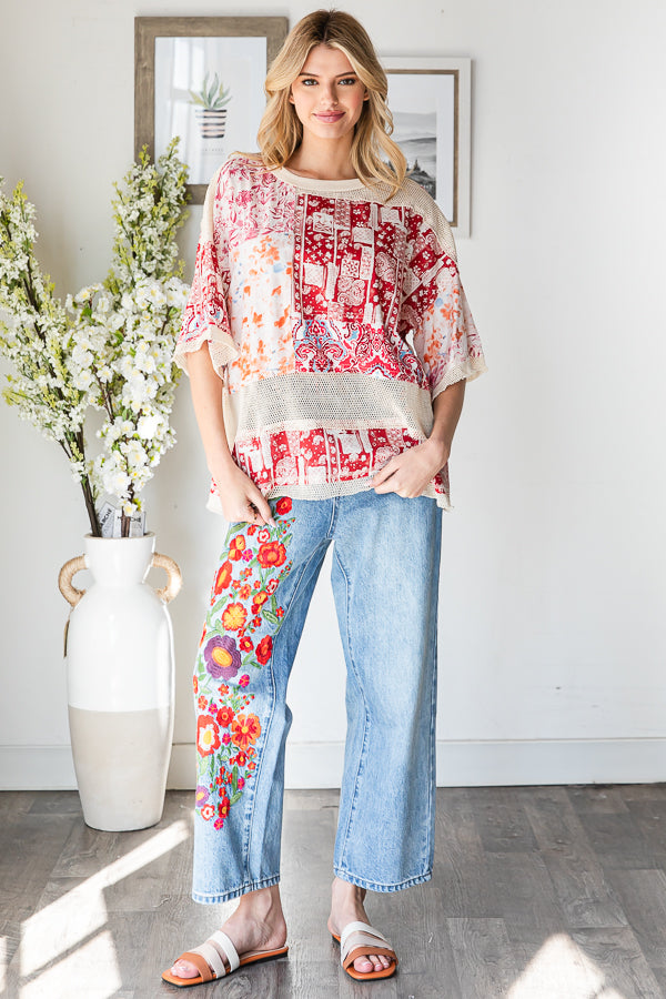 MIXED PRINT MESH CONTRAST RELAXED TOP