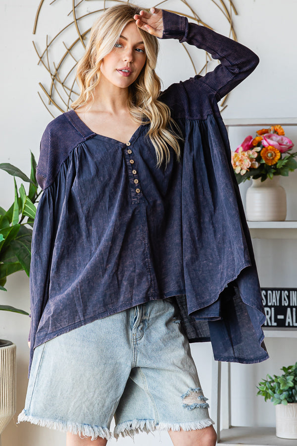 WASHED PLEATED DETAIL LONG SLEEVE FLARE TUNIC TOP