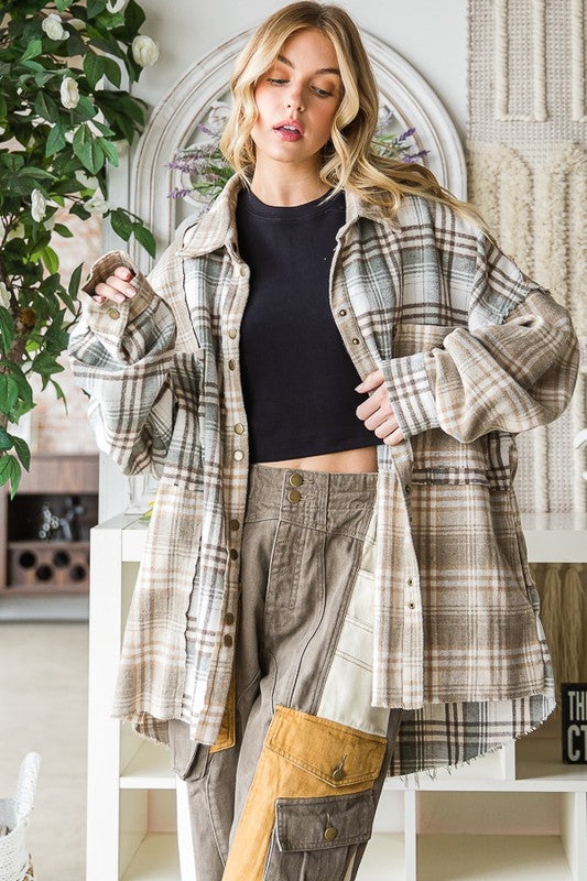 WASHED MIXED PLAID RAW HEM LONG SLEEVE SHIRT
