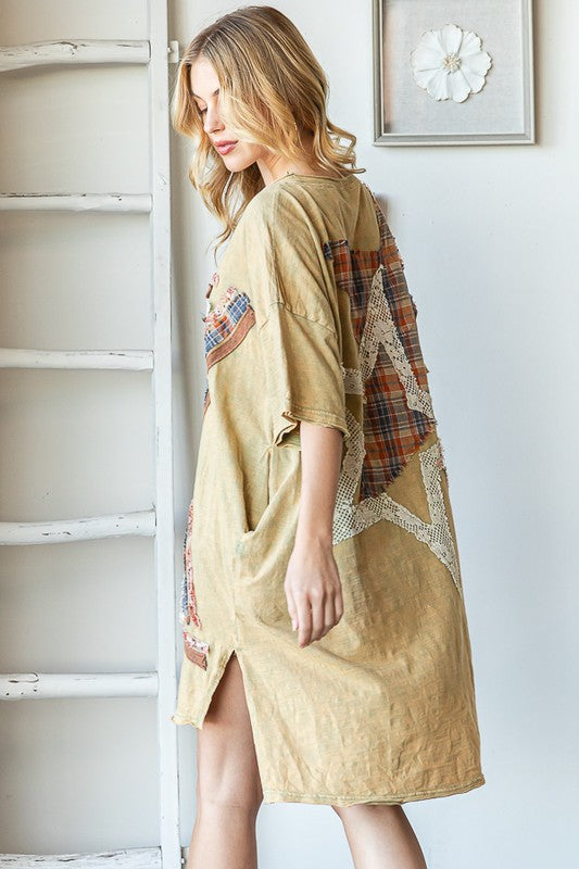 STAR PATCHWORK DROP SHOULDER OVERSIZED LONG TOP