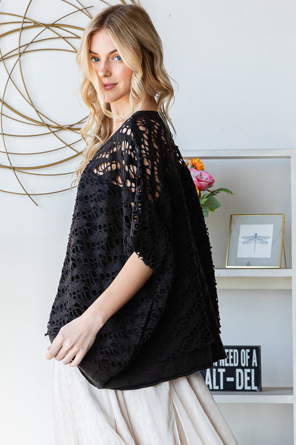 WASHED CROCHET LAYERED KNIT TOP