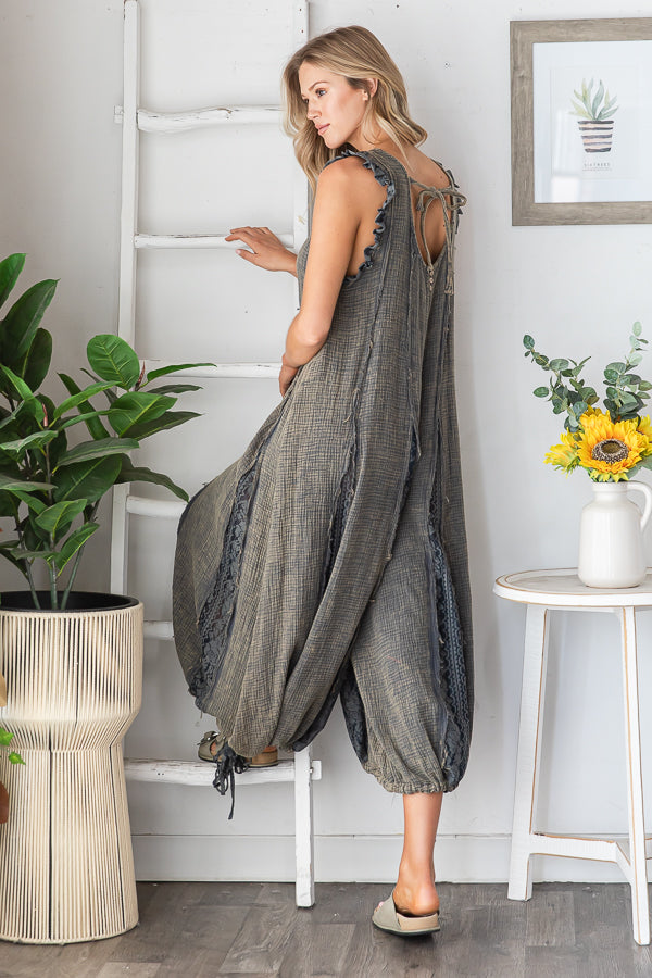 WASHED RUFFLE DETAIL COTTON GAUZE ROMPER