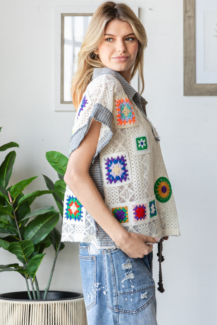 MIX MATCH CROCHET PATCHED LACE COLLAR TOP