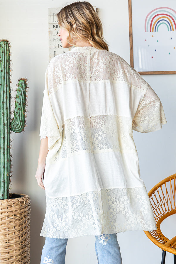 LACE MIX MEDIA SHORT SLEEVE FRAYED HEM BOXY TOP