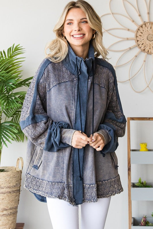 WASHED MIX MEDIA CROCHET LACE FRENCH TERRY JACKET