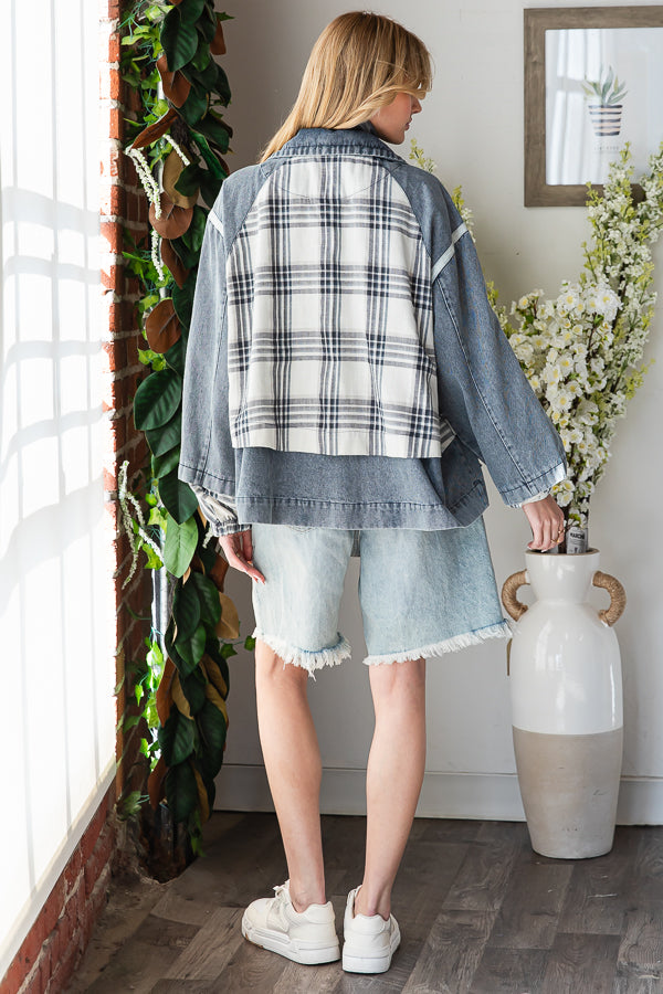 WASHED DENIM PLAID MIXED LAYERED ZIP UP JACKET