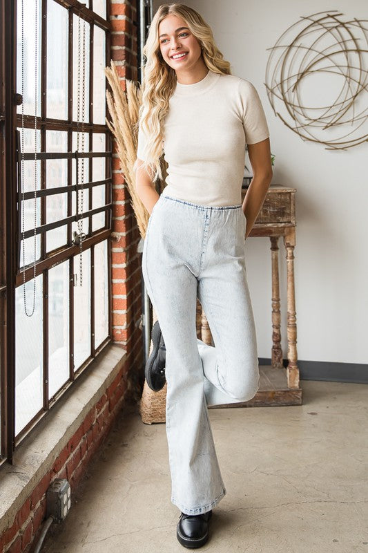 MINERAL WASHED BELL BOTTOM MID RISE DENIM JEANS