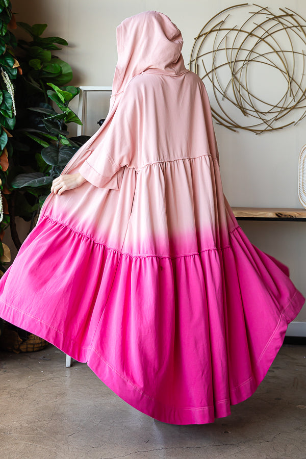 DIP DYE SHORT SLEEVE HOODED ZIP UP LONG CARDIGAN