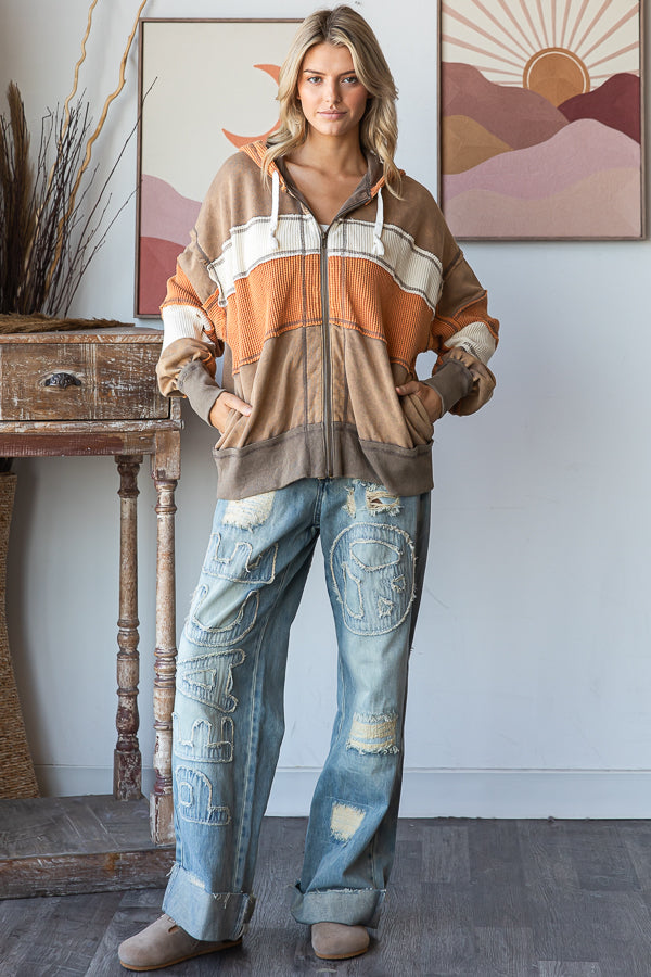 WASHED COLORBLOCK HOODED SOFT THERMAL JACKET