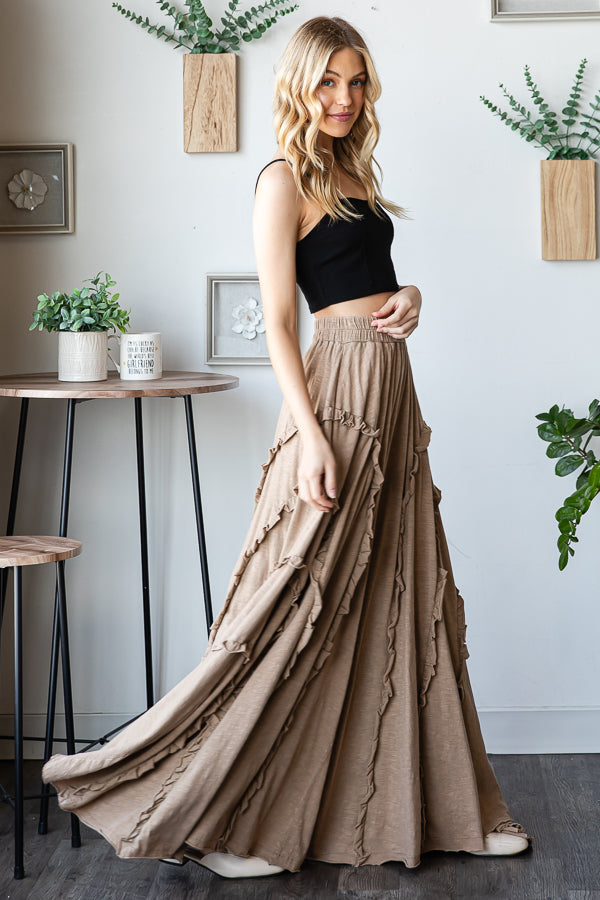 RUFFLE DETAIL WIDE LEG FLARE PANTS