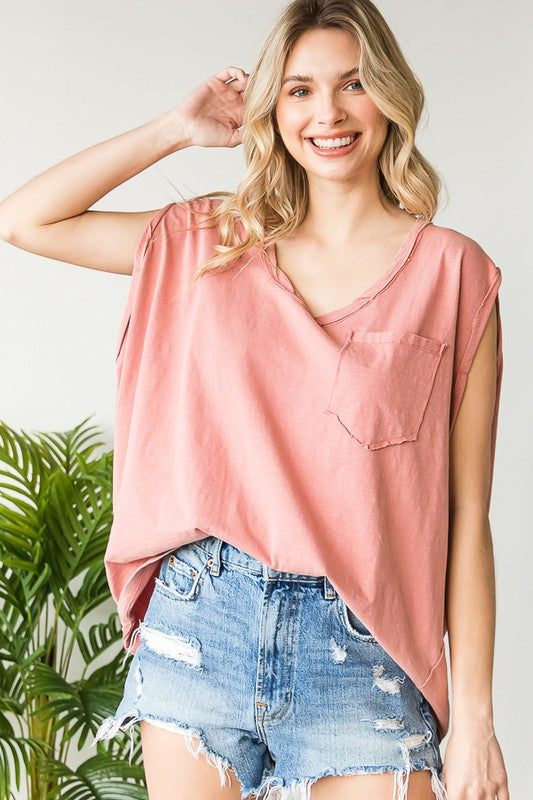 WASHED FRONT POCKET OVERSIZED SHORT SLEEVE TOP