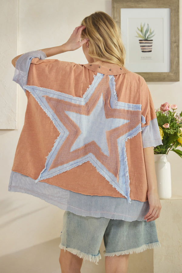 WASHED STAR PATCHWORK FINSH NET CONTRAST KNIT TOP