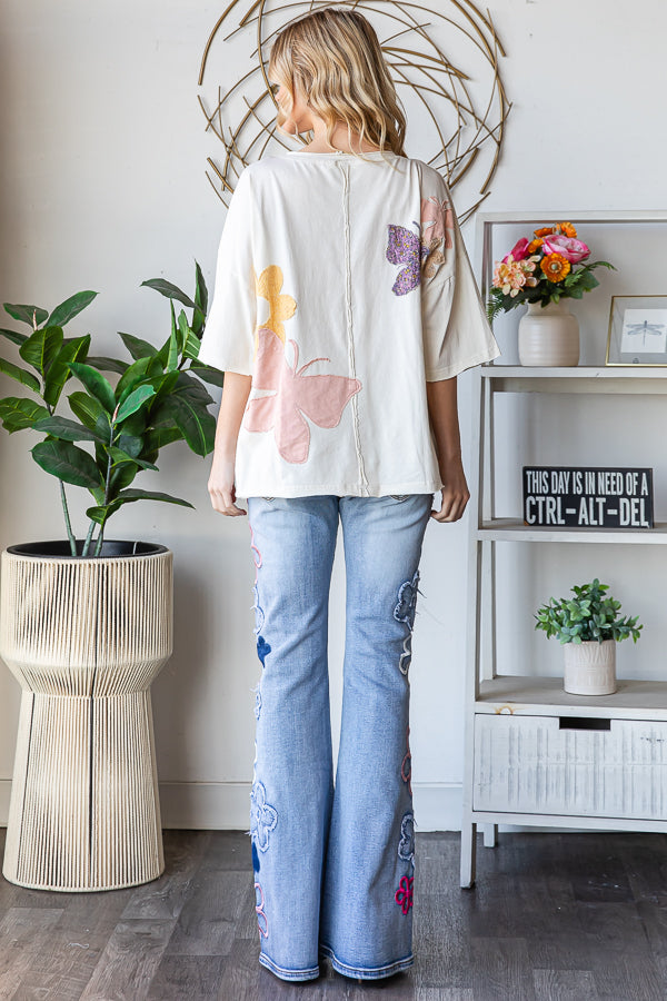 WASHED FLOWER BUTTERFLY PATCHWORK SHORT SLEEVE TOP