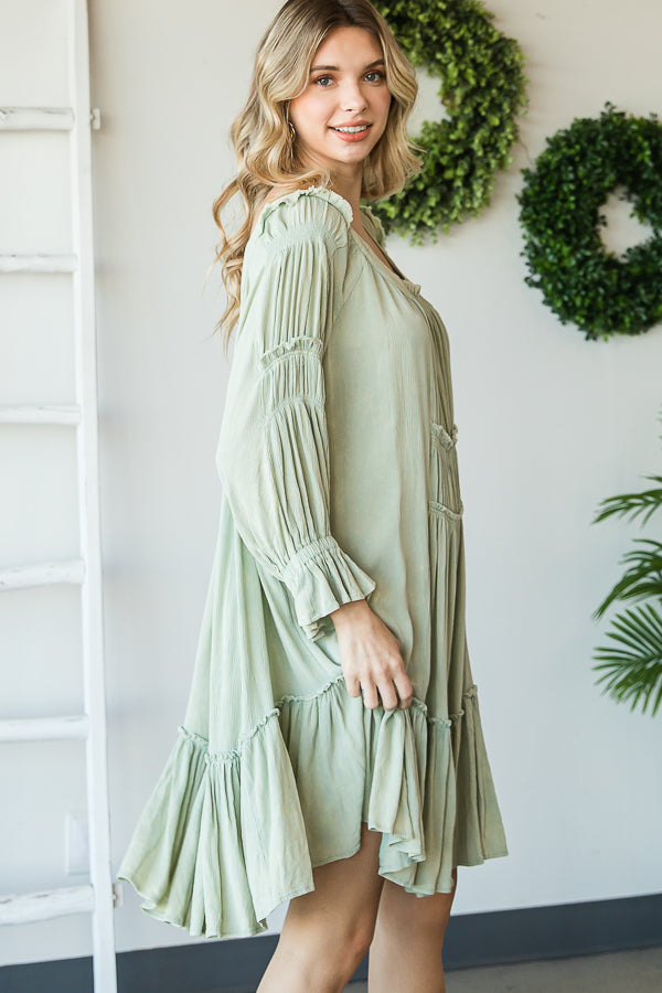WASHED SCOOP NECK RUFFLE HEM BABYDOLL DRESS