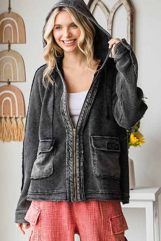 WASHED ZIP FRONT HOODED WAFFLE JACKET