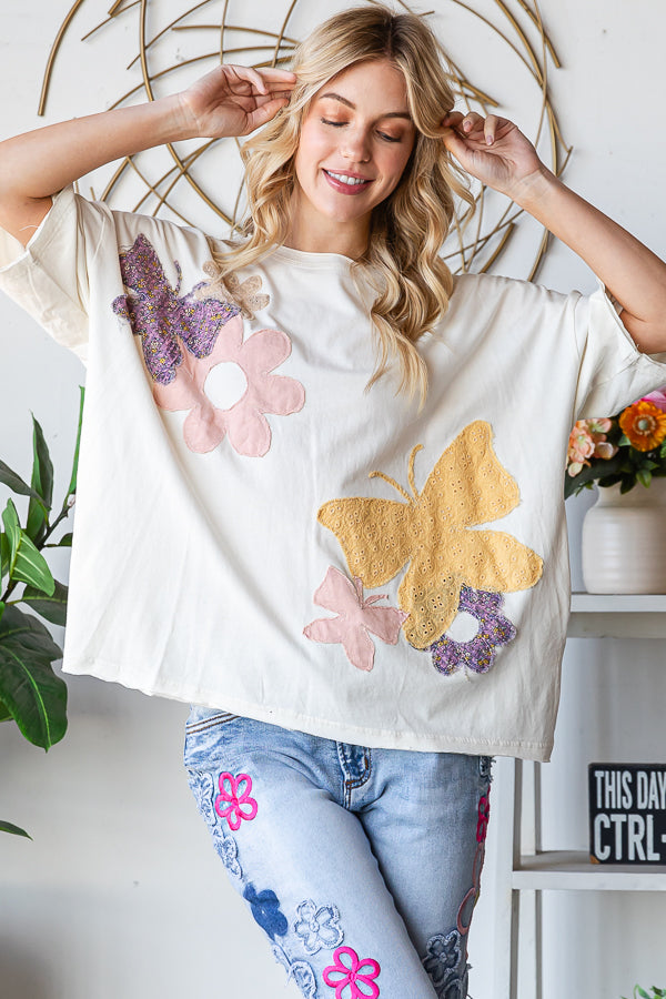 WASHED FLOWER BUTTERFLY PATCHWORK SHORT SLEEVE TOP