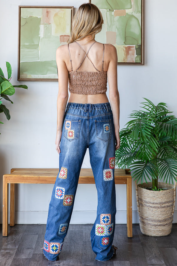 WASHED SQUARE CROCHET PATCHWORK DENIM JEANS