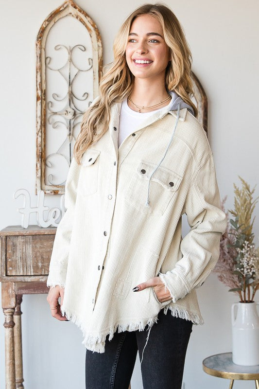 WASHED BUTTON DOWN HOODED CORDUROY JACKET