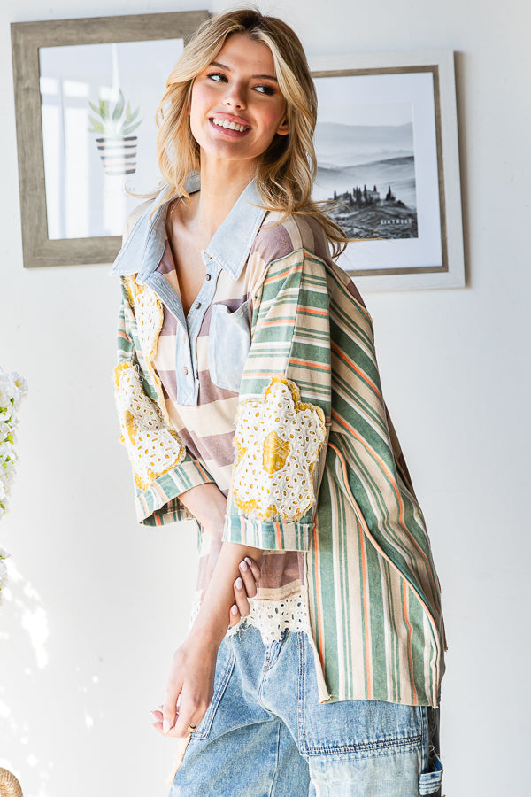 FLOWER PATCHWORK MULTICOLOR STRIPED TOP