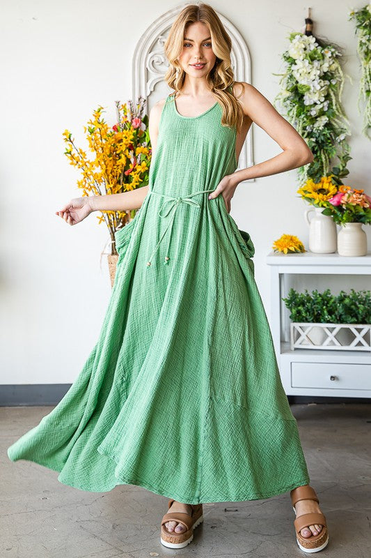 WASHED SLEEVELESS TIE WASIT FLARE HEM MAXI DRESS