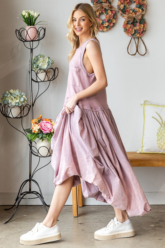 WASHED SLEEVELESS BUBBLE HEM MAXI TANK DRESS