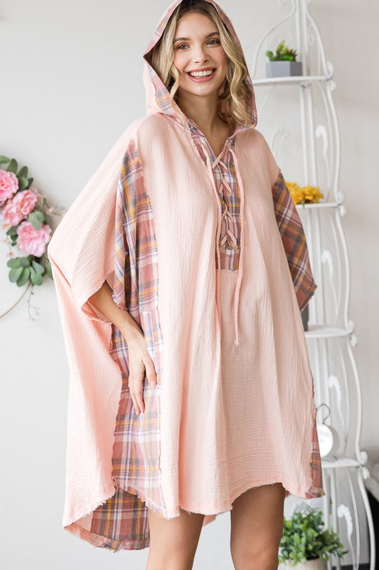WASHED PLAID MIXED HOODED OVERSIZED TUNIC TOP