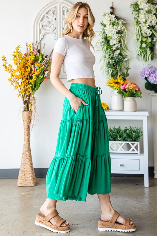 MINERAL WASHED ELASTIC WAIST TIERED WID LEG PANTS