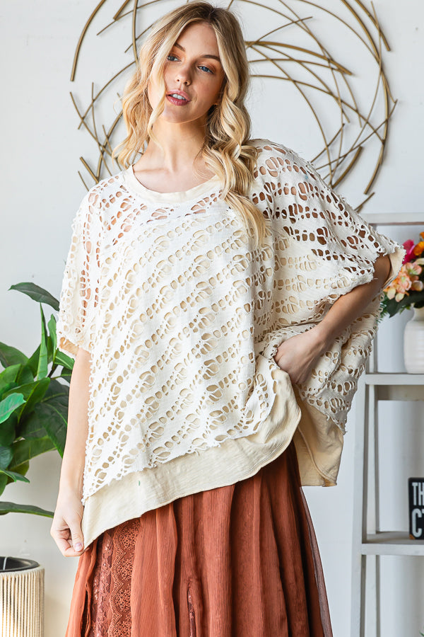WASHED CROCHET LAYERED KNIT TOP