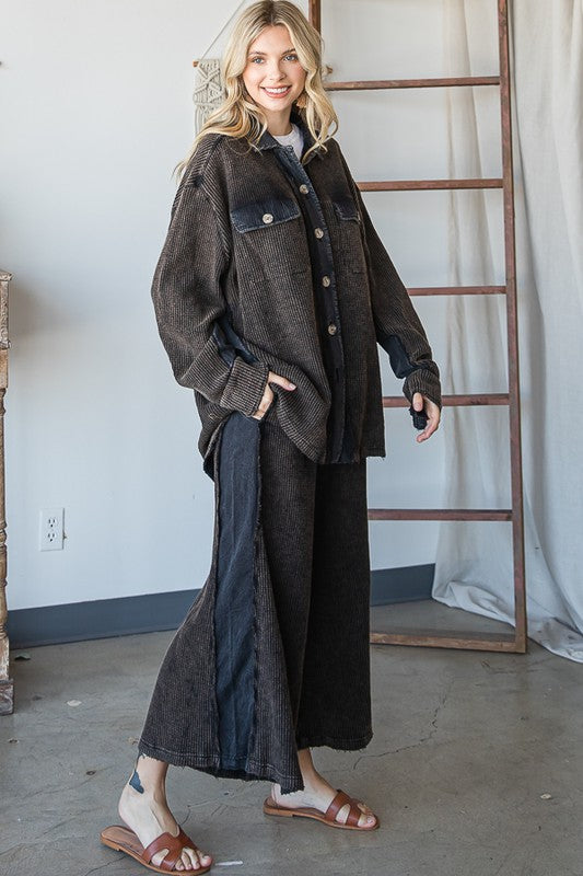 WASHED ELASTIC WAIST BAND WIDE LEG CROPPED PANTS