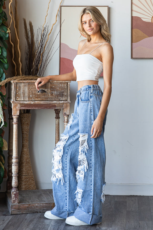 WASHED DISTRESSED SEQUENCE DENIM JEANS