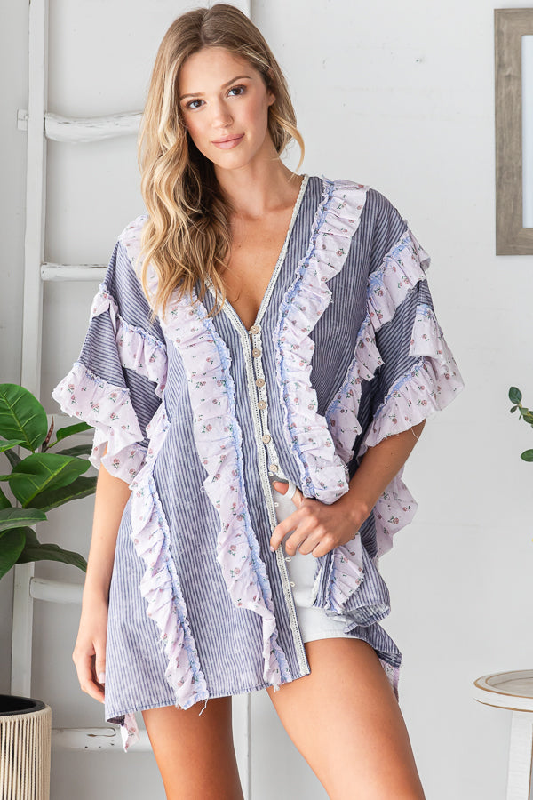 WASHED V NECK RUFFLE DETAIL MIX MEDIA BUTTON TOP
