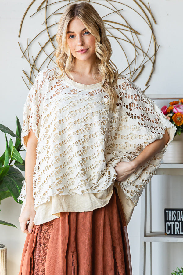 WASHED CROCHET LAYERED KNIT TOP