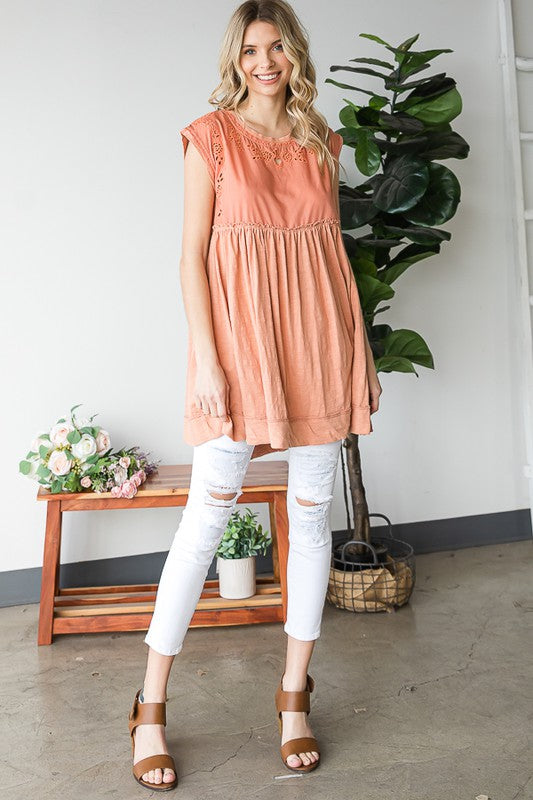 MINERAL WASHED EMBROIDEY PEPLUM TUNIC TOP