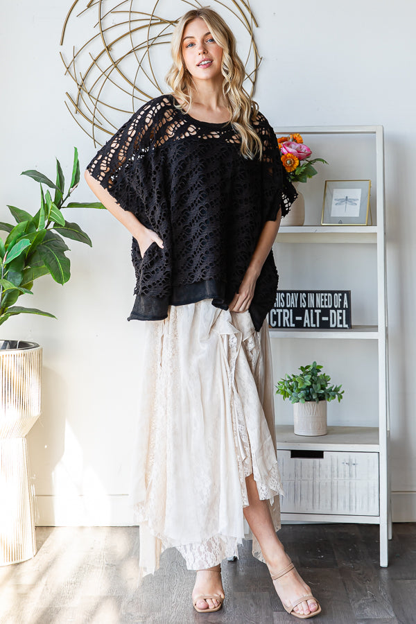WASHED CROCHET LAYERED KNIT TOP